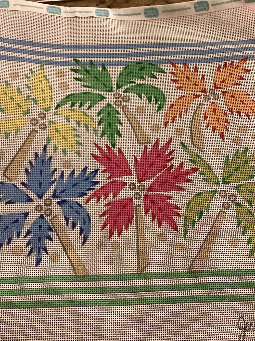 Palm trees hand painted needlepoint canvas. By Judi & Co.